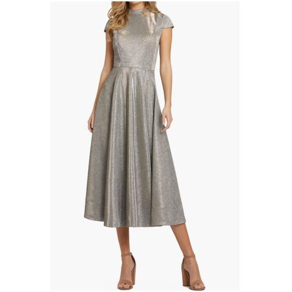 Mac Duggal Womens 6 Midi Fit & Flare Sparkle Pleated Cap Sleeve IEENA 26151 NWT - Picture 1 of 12